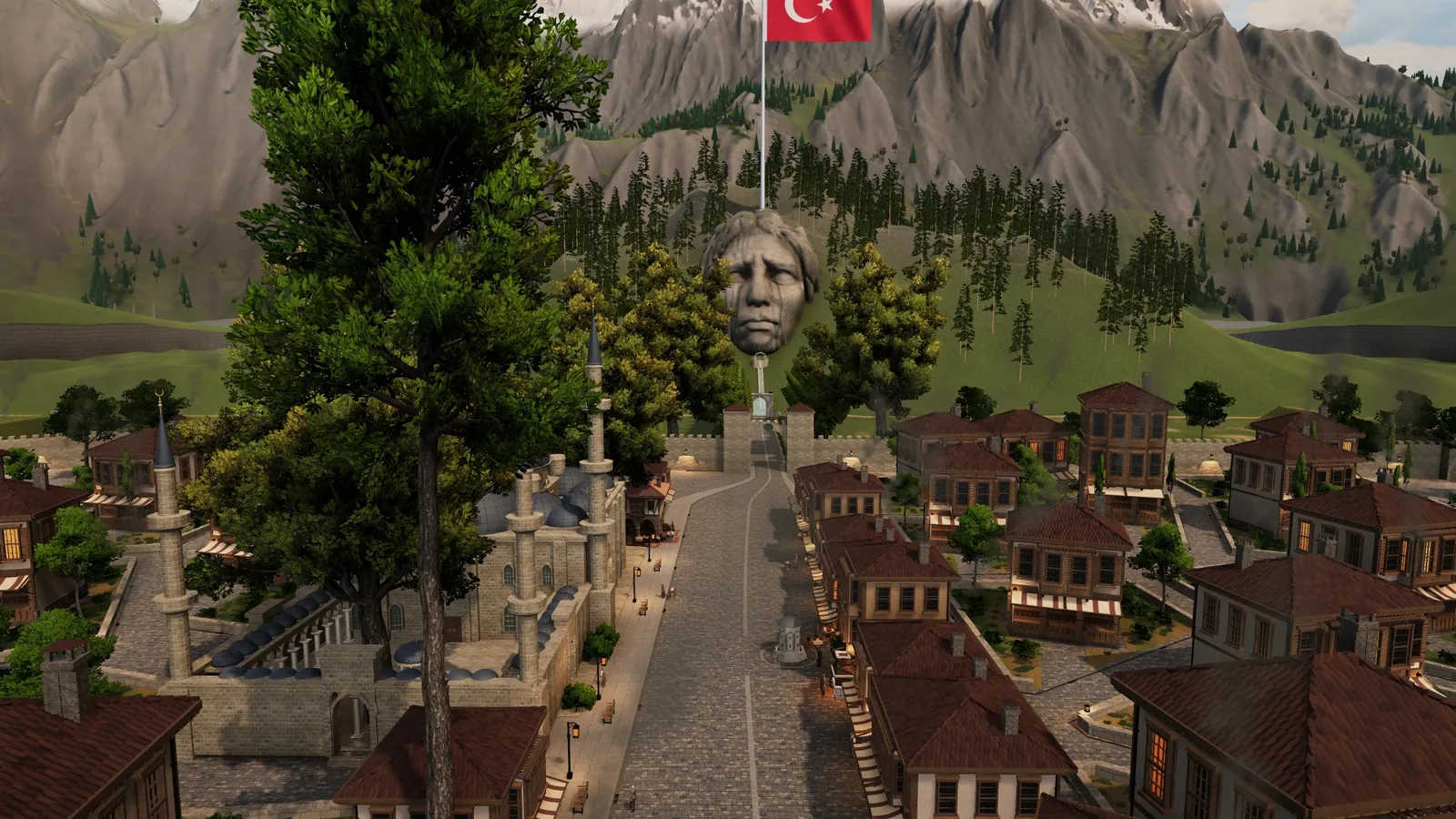Kubbeler ve çatılar; uzakta Ağlayan Kaya ve bayrak